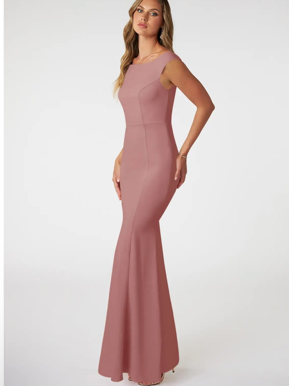 Azazie Nicolina Stretch Dusty Rose Mermaid Boatneck Stretch Crepe Dress Size 8